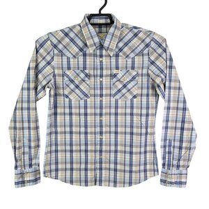 Mens Hollister Co Western Style Tan Blue Plaid Shirt Pearl Snap Button Up Size S